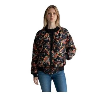 Vtg 90's Carol Horn Workshop Silk Bomber Jacket Peacocks Pockets Large Colorful